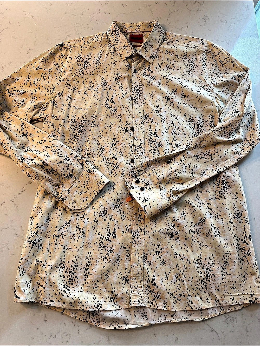 Hugo Men's Abstract Button Down Shirt in Tan & Black Like New
